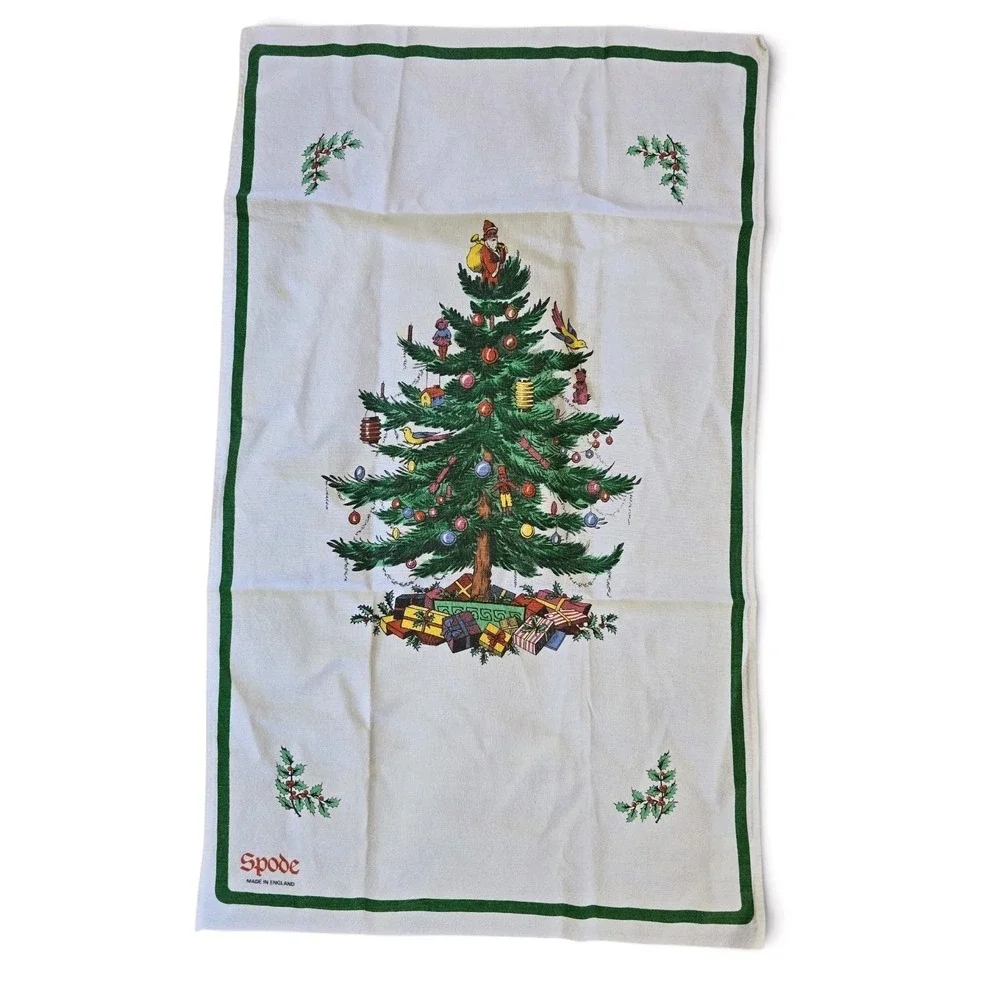 Spode Christmas Tree Kitchen Dish Dish Towel 100% Cotton Hanging loop Green Trim